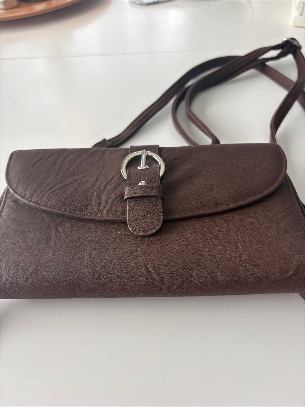 NWOT Classic Brown Leather Crossbody Bag with Silver-tone Buckle Detail